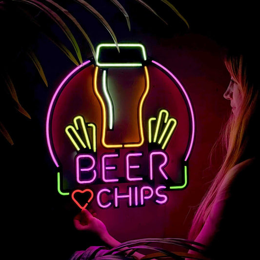 Beer & Chips - Neon Signs Neon Wall Art | SKU: NEO-136 | Available at Decojuana | Tags: metal neon wall decor,Metal Neon Wall Letter,motivational neon quotes,Neon Artwork,Neon motivational quotes,neon party wall decor,Neon Signs,neon wall art,Neon Wall De