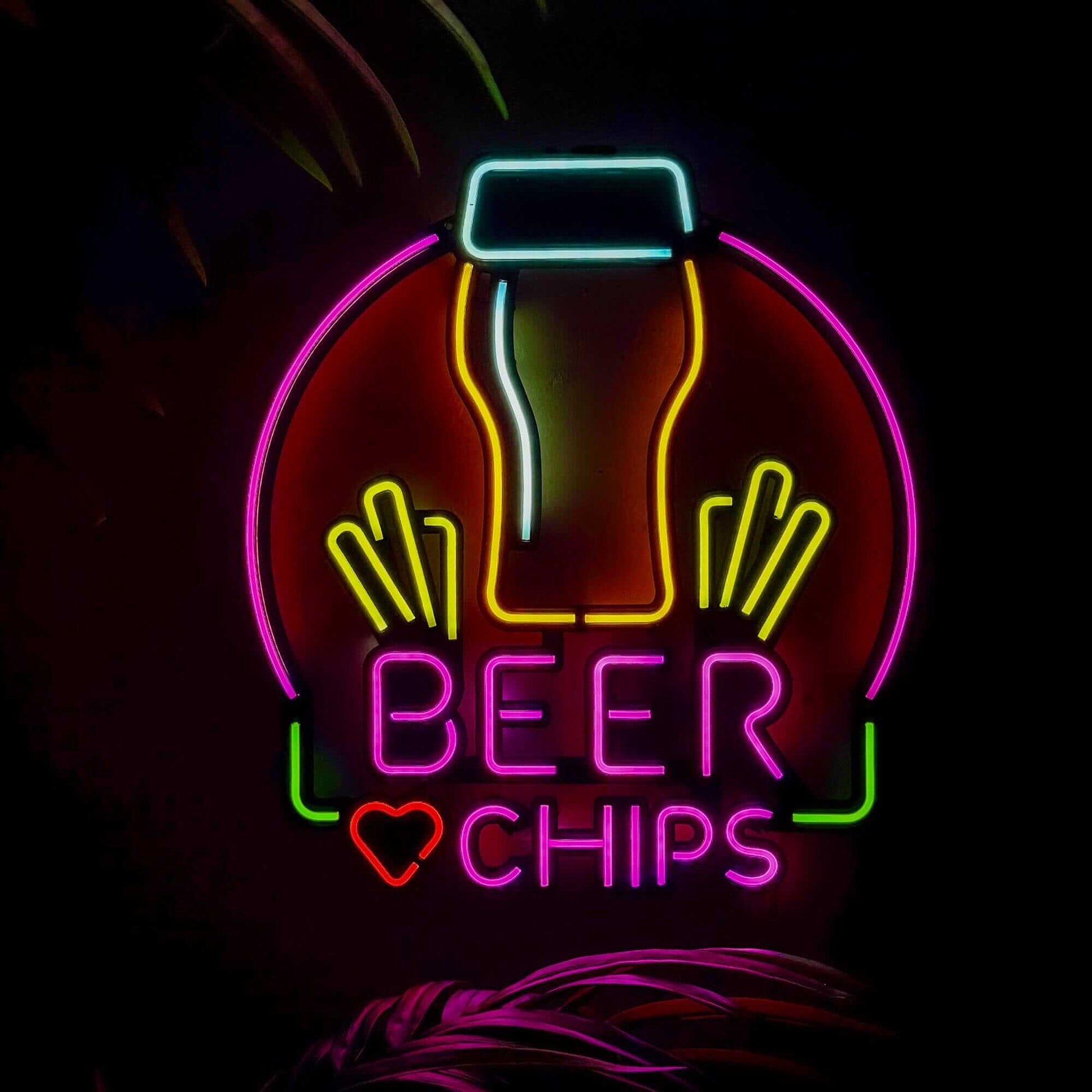 Beer & Chips - Neon Signs Neon Wall Art | SKU: NEO-136 | Available at Decojuana | Tags: metal neon wall decor,Metal Neon Wall Letter,motivational neon quotes,Neon Artwork,Neon motivational quotes,neon party wall decor,Neon Signs,neon wall art,Neon Wall De