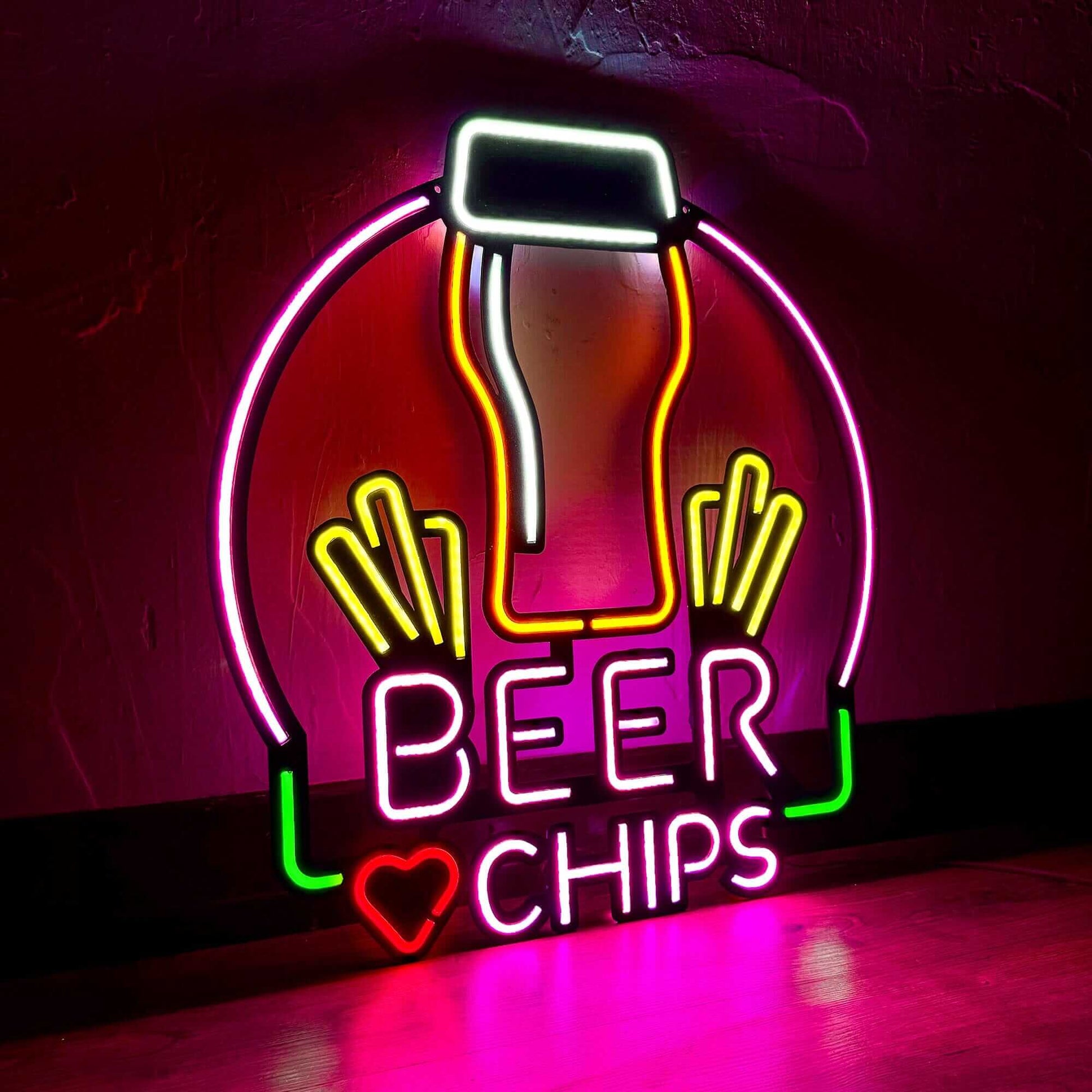 Beer & Chips - Neon Signs Neon Wall Art | SKU: NEO-136 | Available at Decojuana | Tags: metal neon wall decor,Metal Neon Wall Letter,motivational neon quotes,Neon Artwork,Neon motivational quotes,neon party wall decor,Neon Signs,neon wall art,Neon Wall De