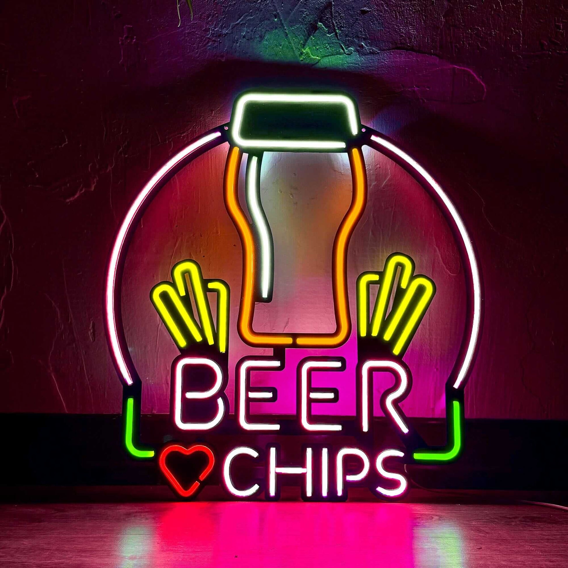 Beer & Chips - Neon Signs Neon Wall Art | SKU: NEO-136 | Available at Decojuana | Tags: metal neon wall decor,Metal Neon Wall Letter,motivational neon quotes,Neon Artwork,Neon motivational quotes,neon party wall decor,Neon Signs,neon wall art,Neon Wall De