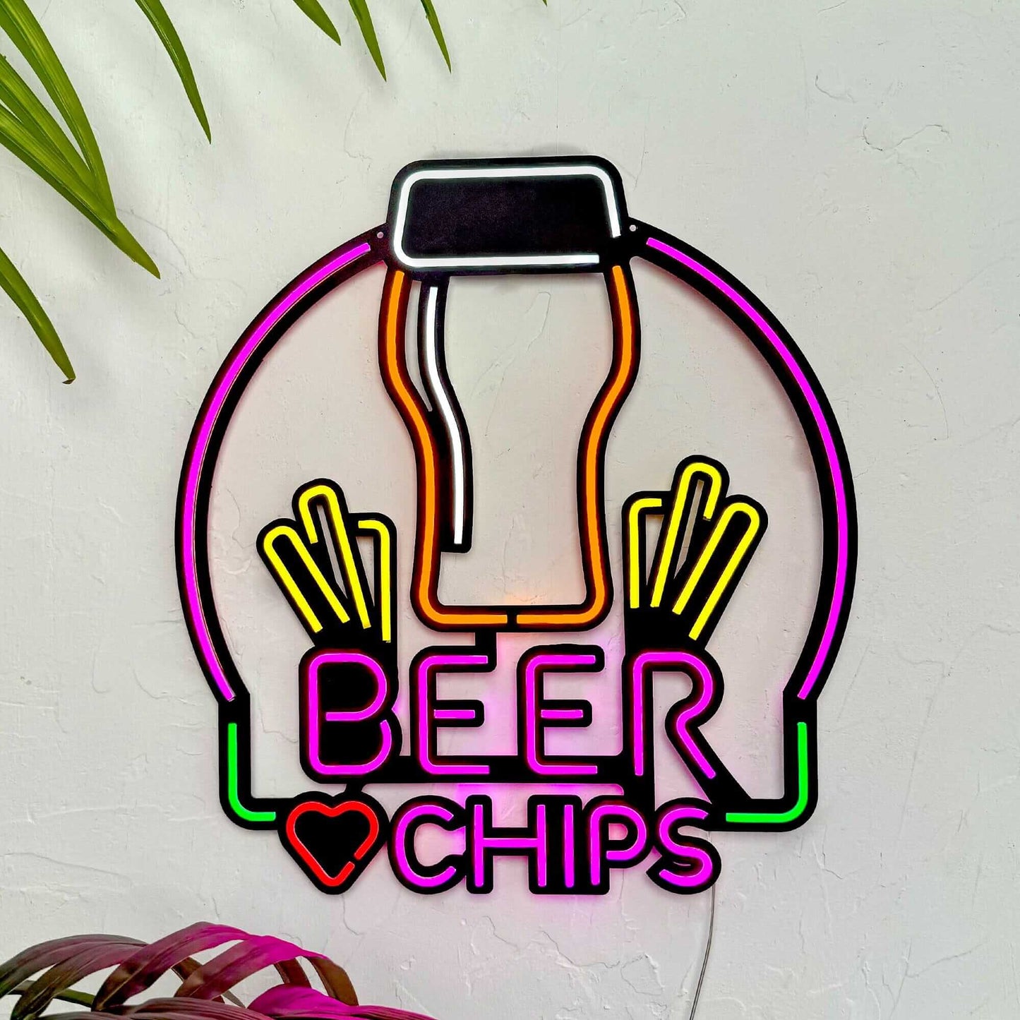 Beer & Chips - Neon Signs Neon Wall Art | SKU: NEO-136 | Available at Decojuana | Tags: metal neon wall decor,Metal Neon Wall Letter,motivational neon quotes,Neon Artwork,Neon motivational quotes,neon party wall decor,Neon Signs,neon wall art,Neon Wall De