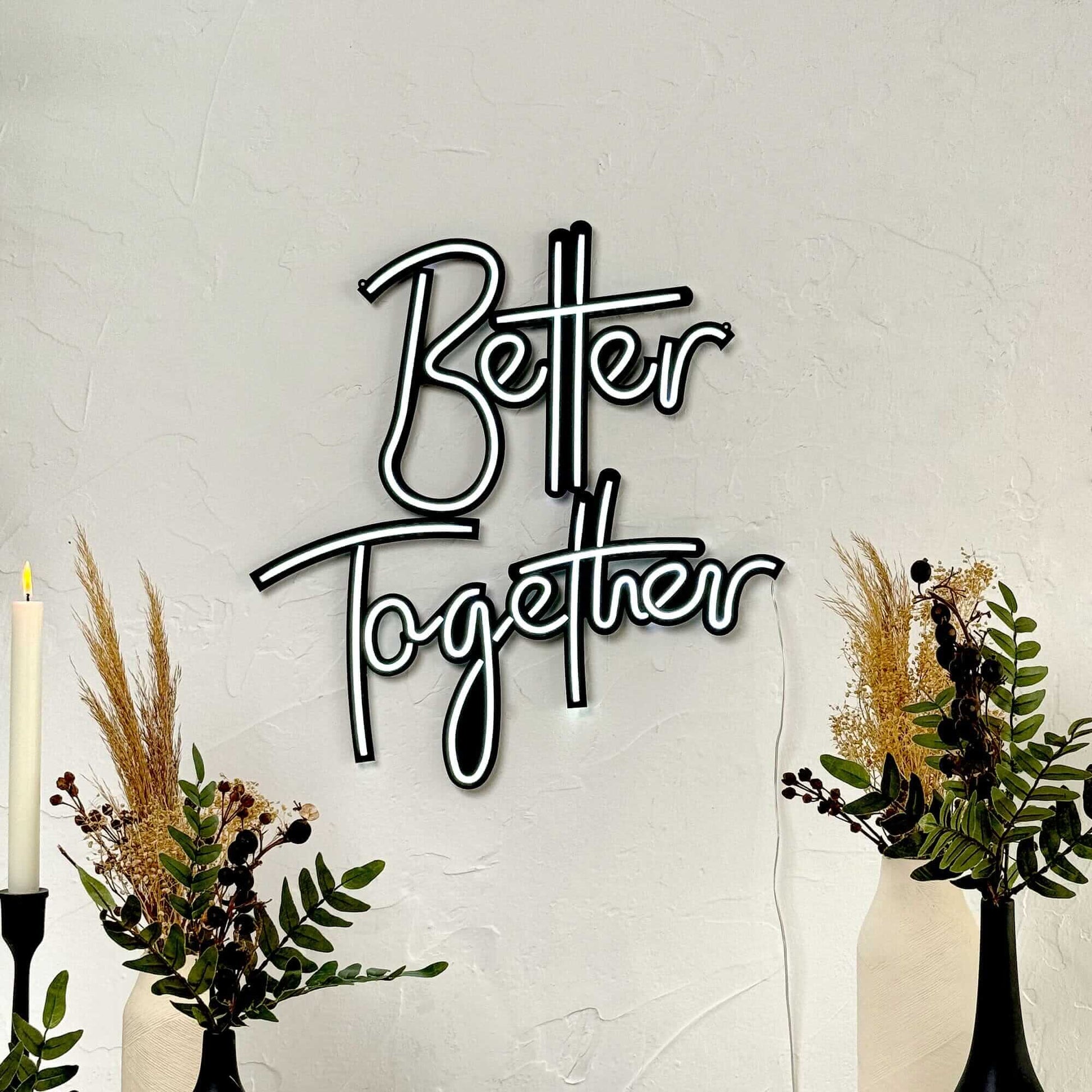 Better Together - Neon Signs Neon Wall Art | SKU: NEO-104 | Available at Decojuana | Tags: metal neon wall decor,Metal Neon Wall Letter,motivational neon quotes,Neon Artwork,Neon motivational quotes,neon party wall decor,neon quotes,Neon Signs,neon wall a