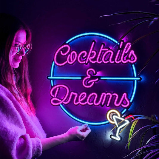 Cocktails and Dreams - Neon Signs Neon Wall Art | SKU: NEO-092 | Available at Decojuana | Tags: metal neon wall decor,motivational neon quotes,neon abstract,Neon Artwork,Neon motivational quotes,neon party wall decor,neon quotes,Neon Signs,neon wall art,N