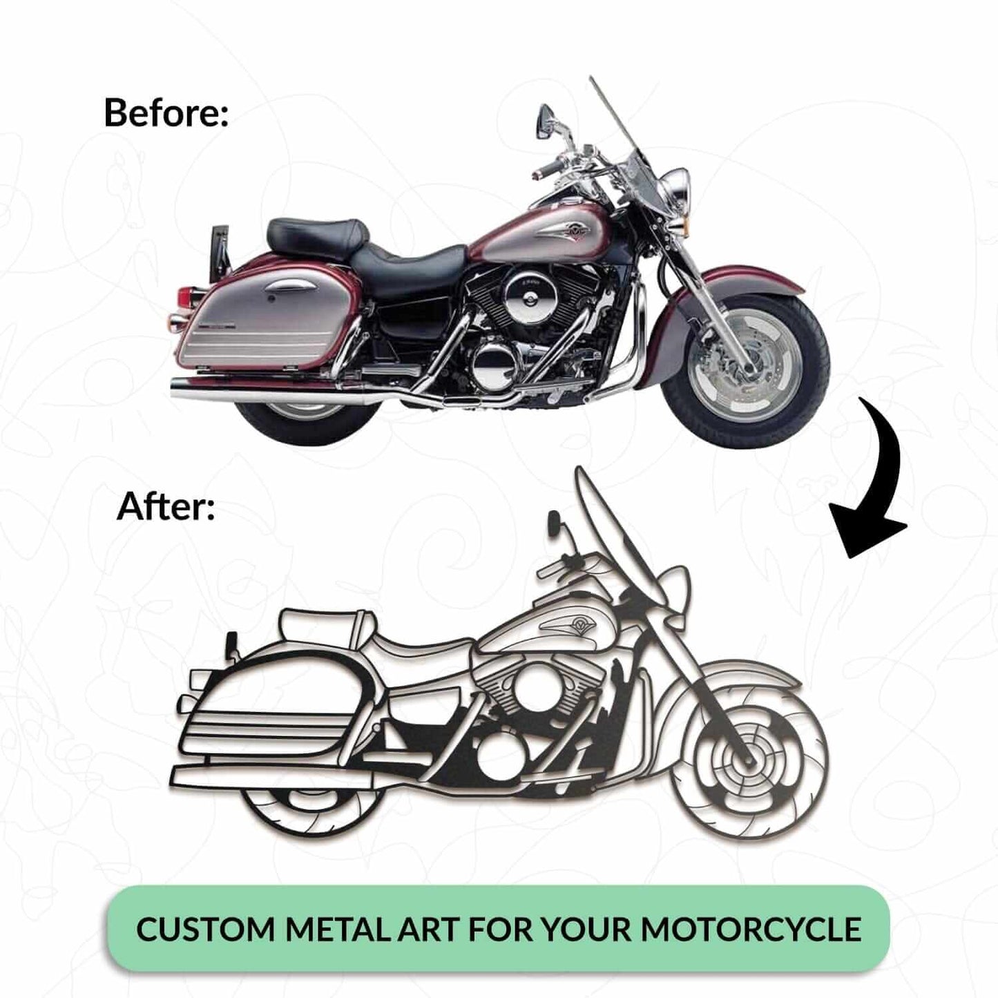 Custom Motorcycle Design - Home Decor Decals Metal Wall Art | SKU: CMD50 | Available at Decojuana | Tags: Custom Design,Custom Wall Art,customisable wall decor,customize,customized product,Metal Deco,Metal Decoration,Metal Wall Art,Metal Wall Art Decor,Me