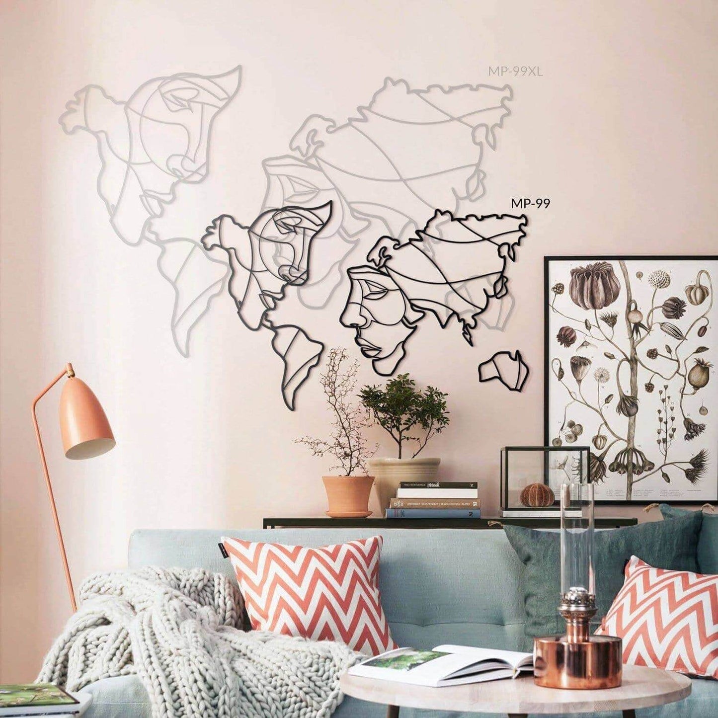 Faces of World Map - Home Decor Decals Metal Wall Art | SKU: MP-99XL | Available at Decojuana | Tags: above bed decor,Geometric,Large designs,Large Wall Art,Large Wall Decor,Livingroom Wall Decor,Love,Metal Artwork,Metal Decoration,Metal Wall Art,Metal Wa