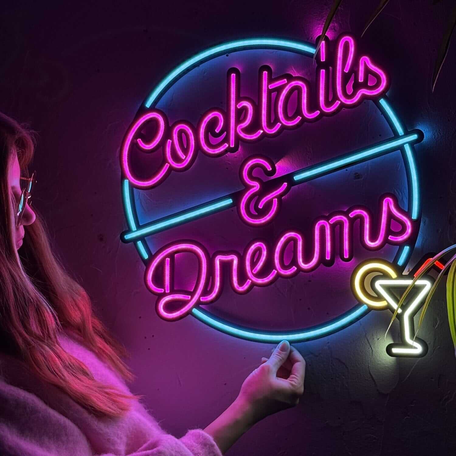 Cocktails and Dreams - Neon Signs Neon Wall Art | SKU: NEO-092 | Available at Decojuana | Tags: metal neon wall decor,motivational neon quotes,neon abstract,Neon Artwork,Neon motivational quotes,neon party wall decor,neon quotes,Neon Signs,neon wall art,N