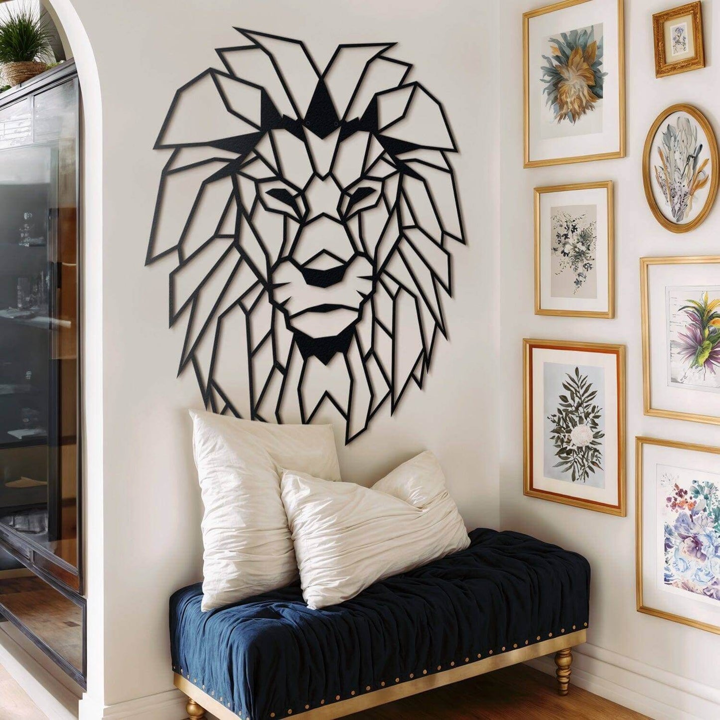 Lion Head - Home Decor Decals Metal Wall Art | SKU: MOP-04 | Available at Decojuana | Tags: Animal design,Animal Metal Wall Decor,Animal Wall Art,Animal Wall Decor,Animals,Geometric,Large designs,Large Wall Art,Large Wall Decor,Metal Artwork,Metal Decorat