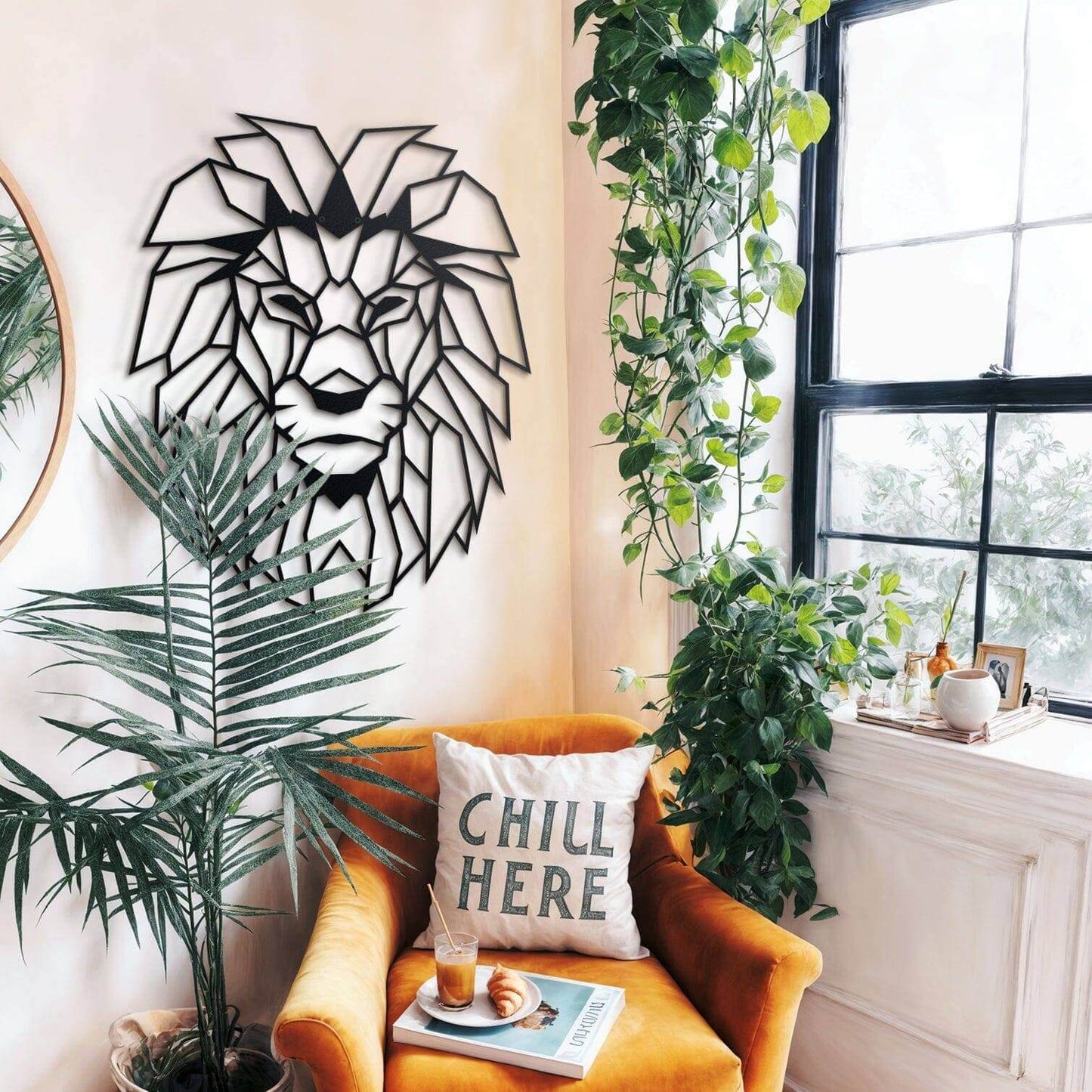 Lion Head - Home Decor Decals Metal Wall Art | SKU: MP-39XL | Available at Decojuana | Tags: Animal design,Animal Metal Wall Decor,Animal Wall Art,Animal Wall Decor,Animals,Geometric,Large designs,Large Wall Art,Large Wall Decor,Metal Artwork,Metal Decora