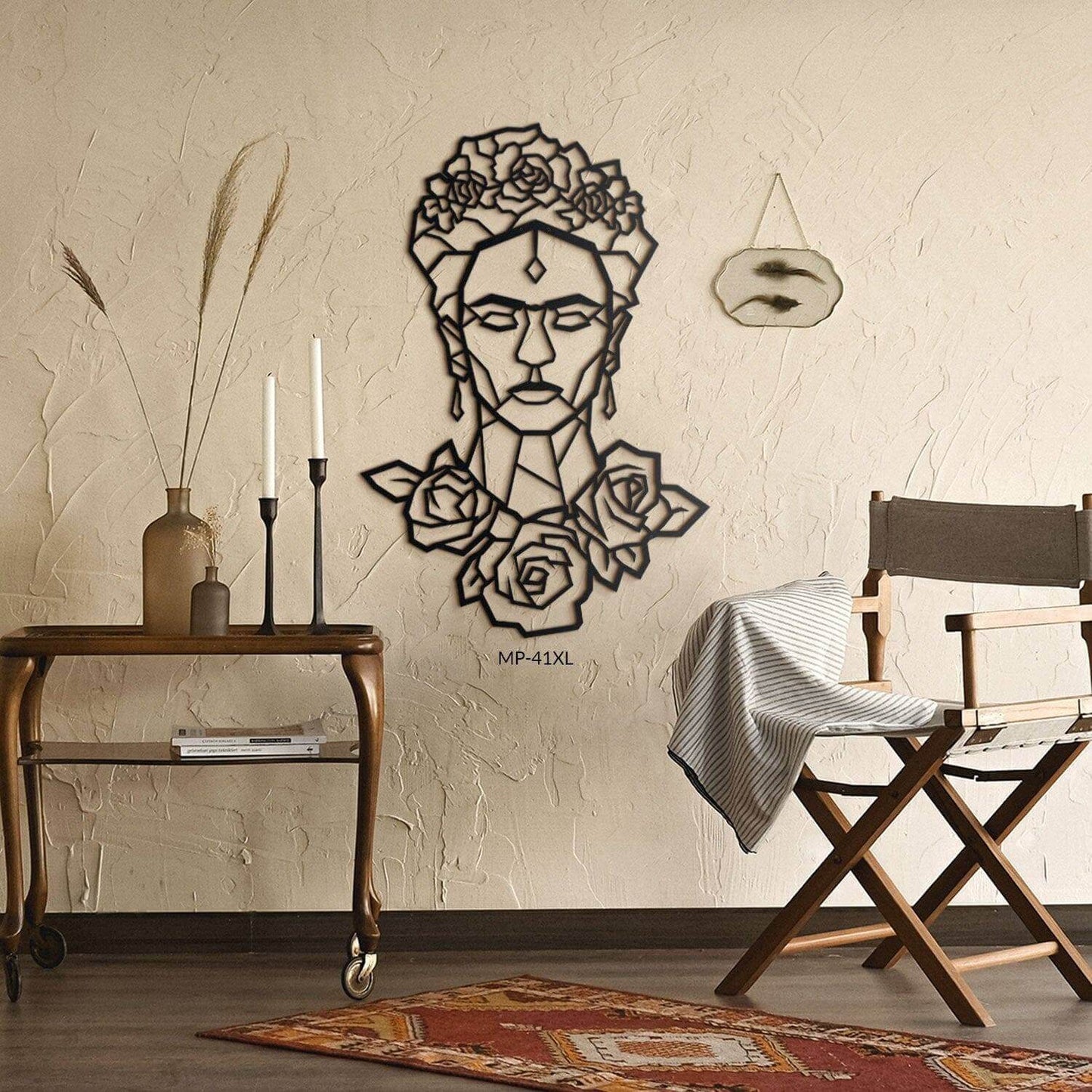 Frida - Home Decor Decals Metal Wall Art | SKU: MP-41XL | Available at Decojuana | Tags: Celebrity,Celebrity Metal Wall Decor,Frida Kahlo,Frida Kahlo Silhouette Metal Wall Decor,Geometric,Geometric Wall Art,Metal Artwork,Metal Decoration,Metal Wall Art,Me