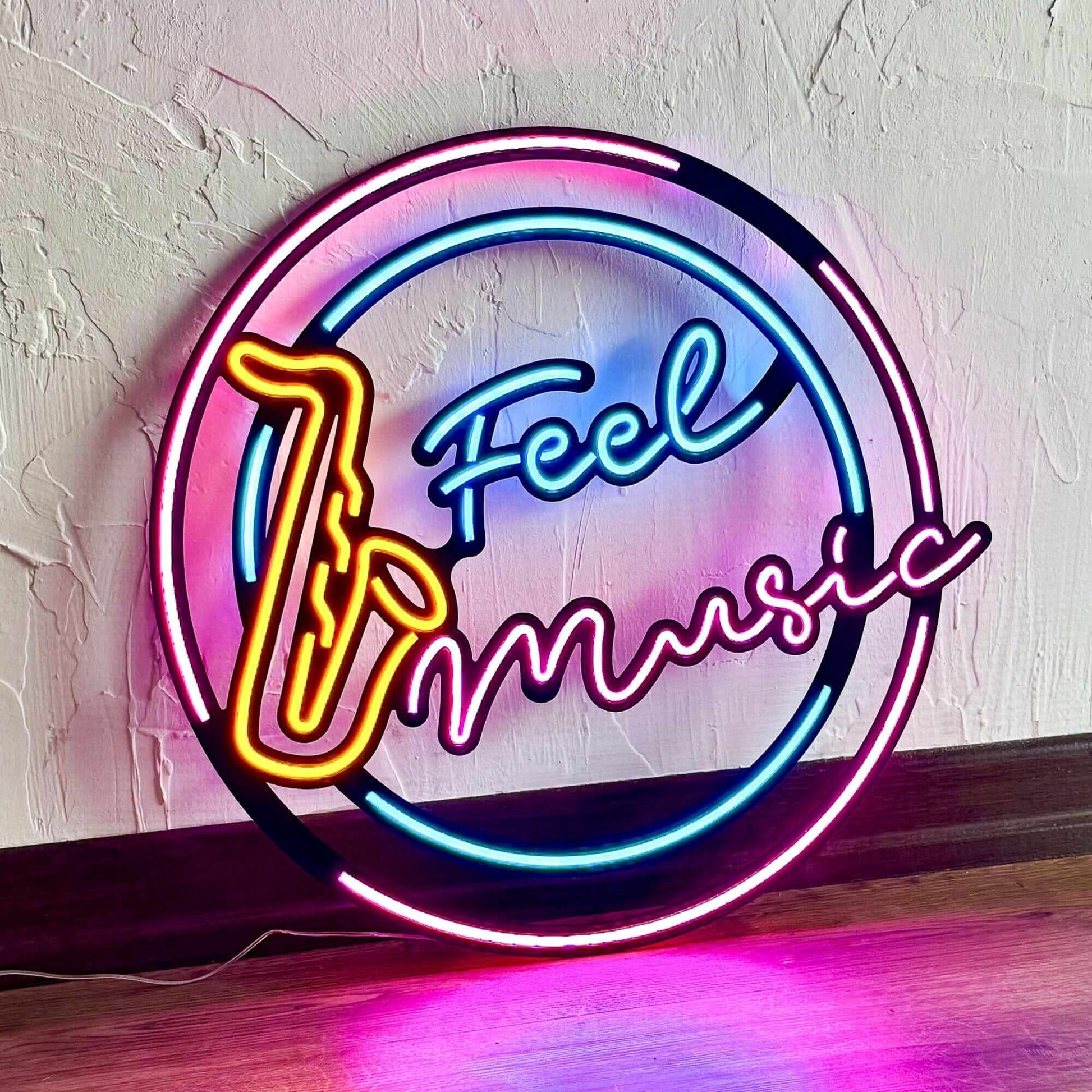 Feel Music - Neon Signs Neon Wall Art | SKU: NEO-107 | Available at Decojuana | Tags: metal neon wall decor,motivational neon quotes,Neon Artwork,Neon motivational quotes,neon party wall decor,neon quotes,Neon Signs,neon wall art,Neon Wall Decor