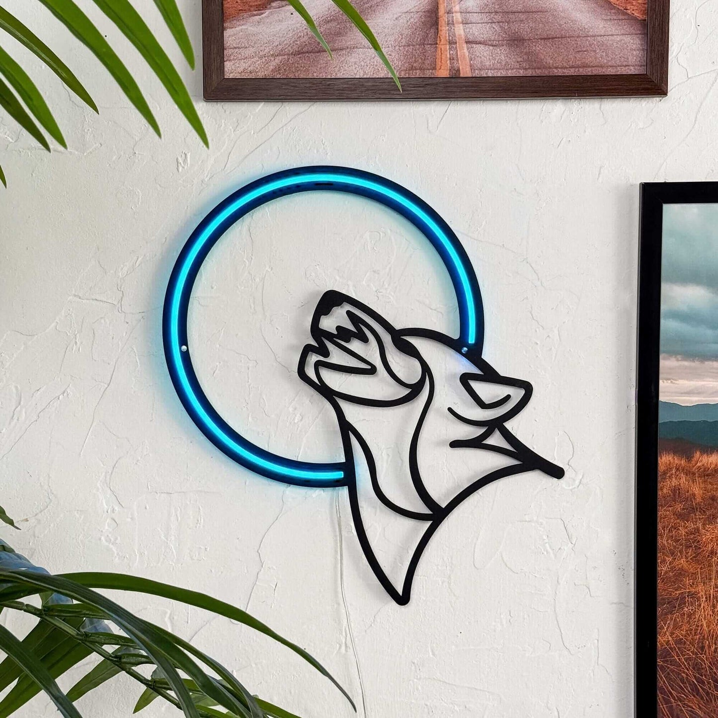 Wolf and the Moon - Neon Signs Neon Wall Art | SKU: NEO-102 | Available at Decojuana | Tags: animal neon wall decor,metal neon wall decor,neon abstract,Neon Artwork,Neon Signs,neon wall art,Neon Wall Decor