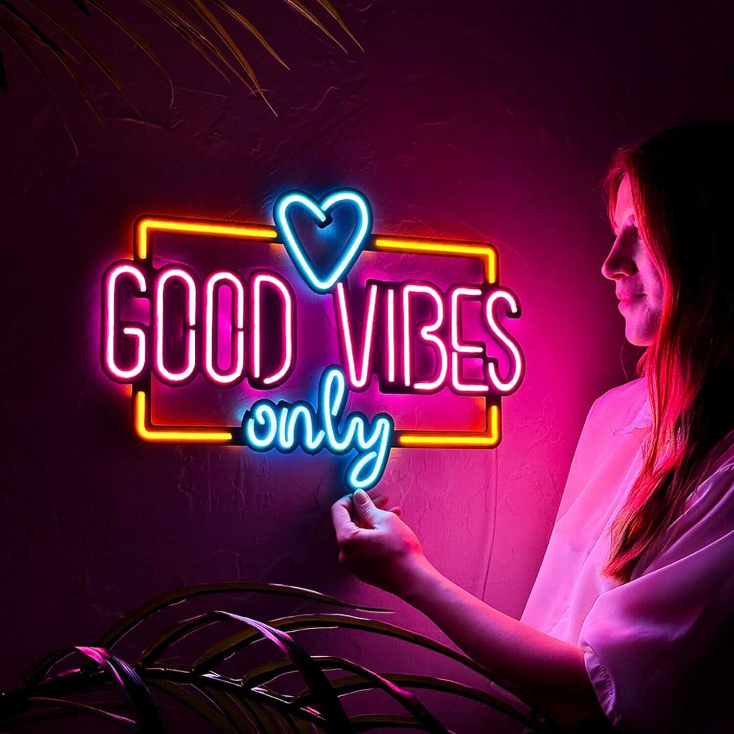 Good Vibes Only Love - Neon Signs Neon Wall Art | SKU: NEO-075 | Available at Decojuana | Tags: metal neon wall decor,Metal Neon Wall Letter,motivational neon quotes,Neon Artwork,Neon motivational quotes,neon quotes,Neon Signs,neon wall art,Neon Wall Deco