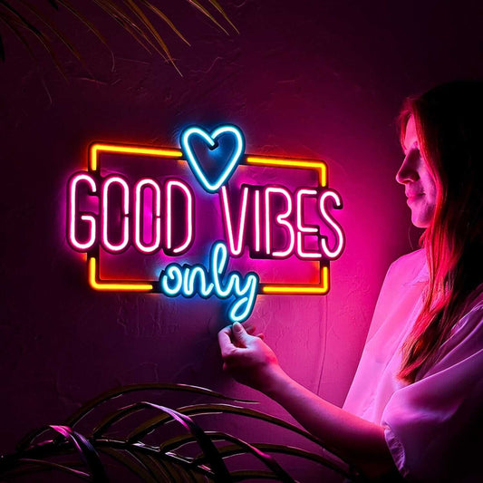 Good Vibes Only Love - Neon Signs Neon Wall Art | SKU: NEO-075 | Available at Decojuana | Tags: metal neon wall decor,Metal Neon Wall Letter,motivational neon quotes,Neon Artwork,Neon motivational quotes,neon quotes,Neon Signs,neon wall art,Neon Wall Deco