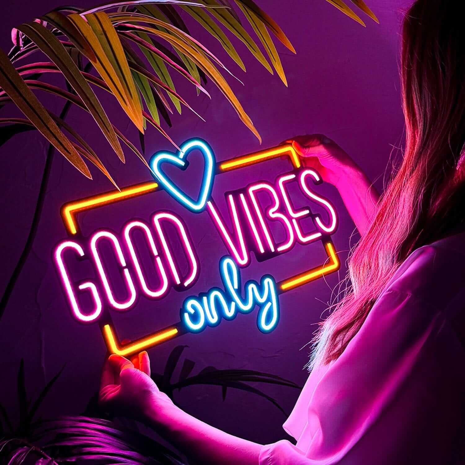 Good Vibes Only Love - Neon Signs Neon Wall Art | SKU: NEO-075 | Available at Decojuana | Tags: metal neon wall decor,Metal Neon Wall Letter,motivational neon quotes,Neon Artwork,Neon motivational quotes,neon quotes,Neon Signs,neon wall art,Neon Wall Deco