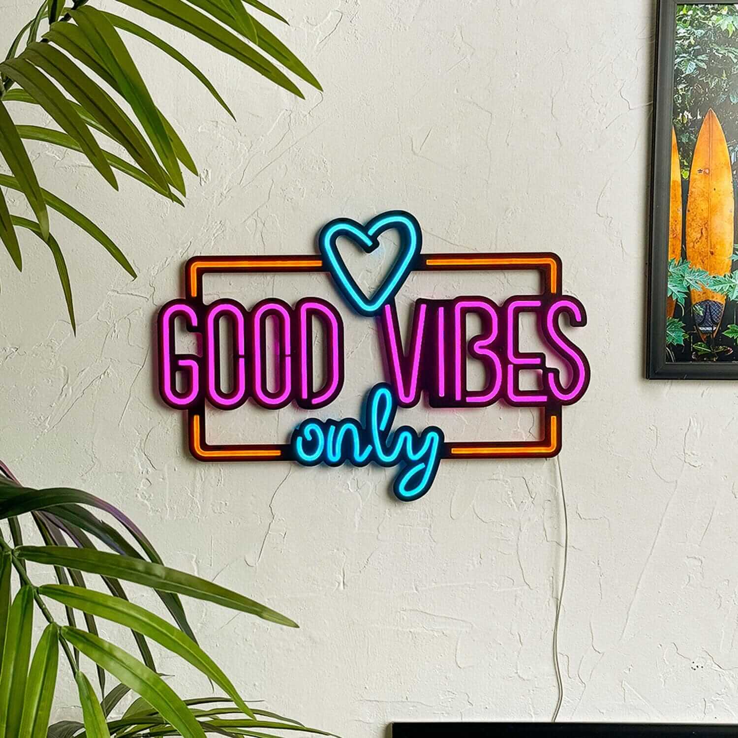 Good Vibes Only Love - Neon Signs Neon Wall Art | SKU: NEO-075 | Available at Decojuana | Tags: metal neon wall decor,Metal Neon Wall Letter,motivational neon quotes,Neon Artwork,Neon motivational quotes,neon quotes,Neon Signs,neon wall art,Neon Wall Deco