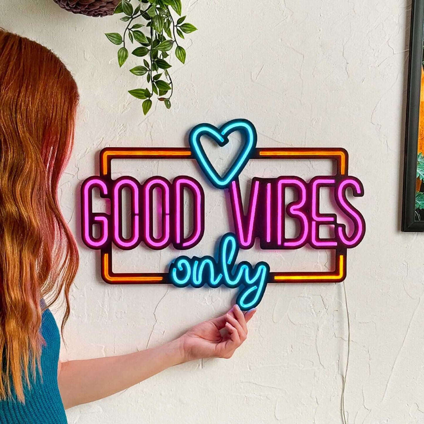 Good Vibes Only Love - Neon Signs Neon Wall Art | SKU: NEO-075 | Available at Decojuana | Tags: metal neon wall decor,Metal Neon Wall Letter,motivational neon quotes,Neon Artwork,Neon motivational quotes,neon quotes,Neon Signs,neon wall art,Neon Wall Deco