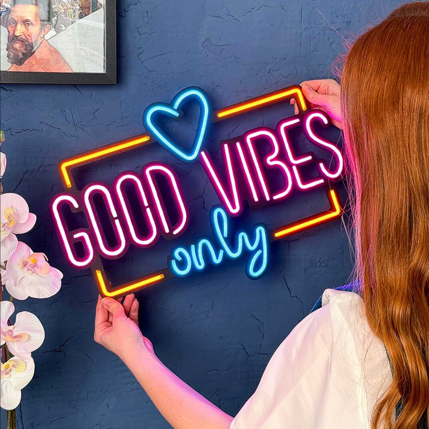 Good Vibes Only Love - Neon Signs Neon Wall Art | SKU: NEO-075 | Available at Decojuana | Tags: metal neon wall decor,Metal Neon Wall Letter,motivational neon quotes,Neon Artwork,Neon motivational quotes,neon quotes,Neon Signs,neon wall art,Neon Wall Deco