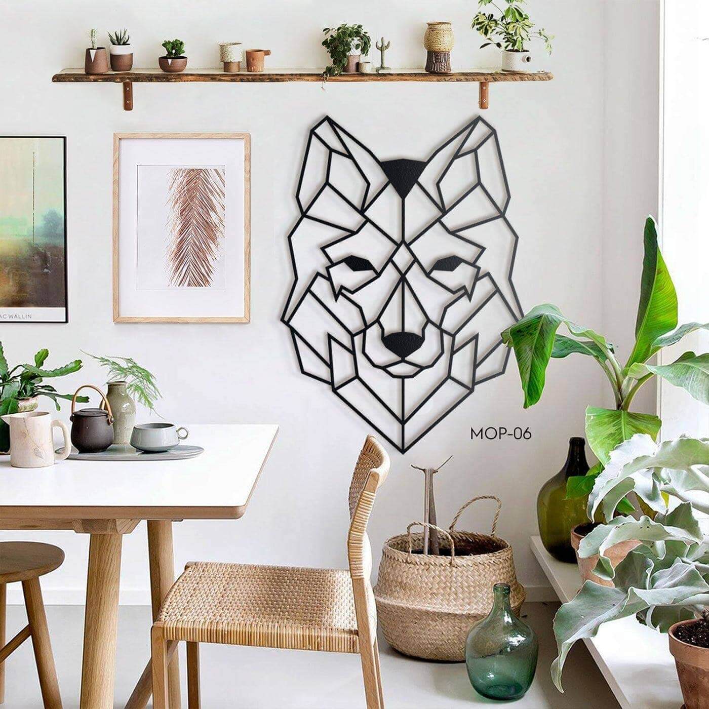 Wolf - Home Decor Decals Metal Wall Art | SKU: MOP-06 | Available at Decojuana | Tags: Animal design,Animal Metal Wall Decor,Animal Wall Art,Animal Wall Decor,Animals,Geometric,Geometric Wall Art,large bedroom wall decor,Large designs,Large Wall Art,Large